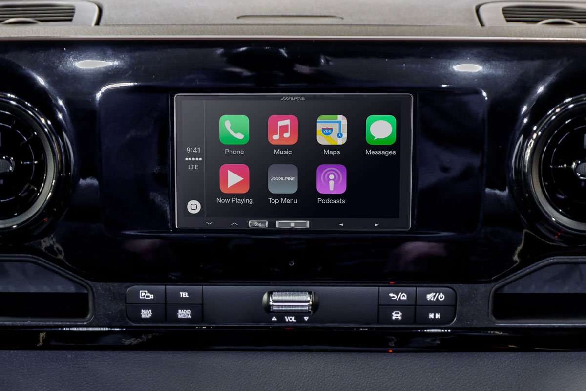 Sprinter Addons | Driver Zone | Alpine 7" Radio with Bluetooth & Apple Car Play | Custom Interior | Bespoke Coach Mercedes Benz Sprinter Van Conversion | Sprinter Accessories | Sprinter Upgrades | Sprinter Add Ons | Camper Van | Adventure Van