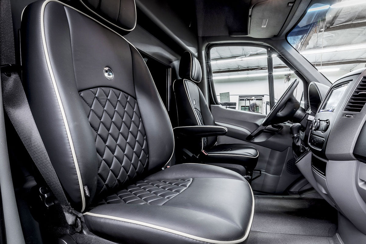 Sprinter Addons | Driver Zone | Fronts Seats Reupholstered | Custom Interior | Bespoke Coach Mercedes Benz Sprinter Van Conversion | Sprinter Accessories | Sprinter Upgrades | Sprinter Add Ons | Camper Van | Adventure Van