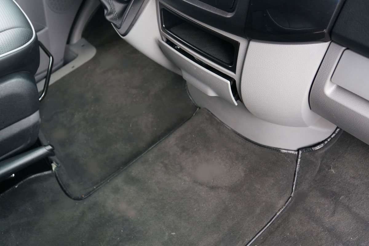 Sprinter Addons | Driver Zone | Mercedes Benz Velour Carpet Flooring in Driver Zone | Custom Interior | Bespoke Coach Mercedes Benz Sprinter Van Conversion | Sprinter Accessories | Sprinter Upgrades | Sprinter Add Ons | Camper Van | Adventure Van